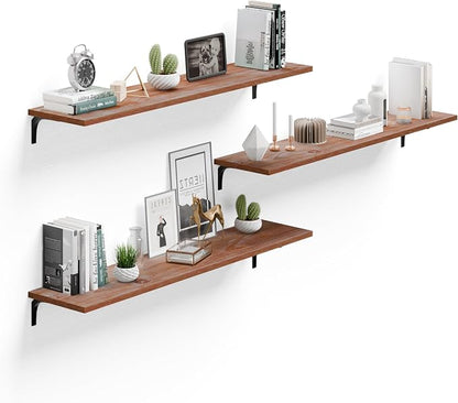 Deep Floating Shelves, 12 Inch Extra Wide Solid Wood Wall Shelves, 48 Inch Long Heavy Duty Wall Mounted Bookshelf for Living Room, Kitchen and Bedroom, Set of 3 (Brown)