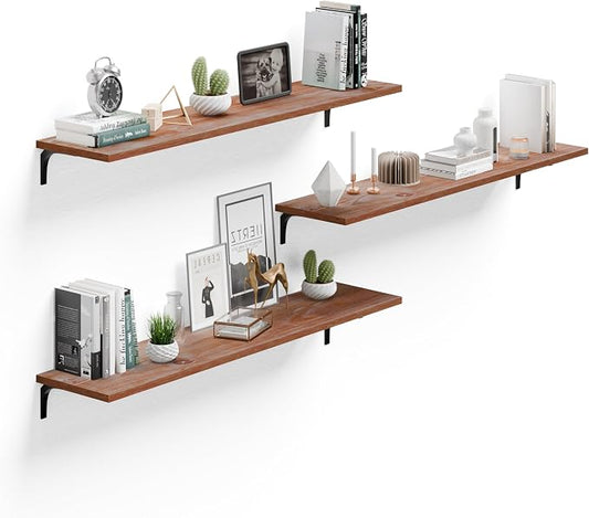 Deep Floating Shelves, 12 Inch Extra Wide Solid Wood Wall Shelves, 48 Inch Long Heavy Duty Wall Mounted Bookshelf for Living Room, Kitchen and Bedroom, Set of 3 (Brown)