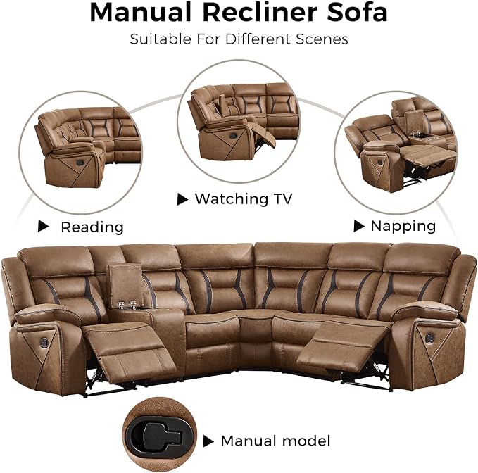 EBELLO Manual Reclining Sectional Sofa for Living Room, L-Shaped Sectional Corner Reclining Sectional Couches Home Furniture Set with Center Console, Hidden Cup Holders and Storage, Brown