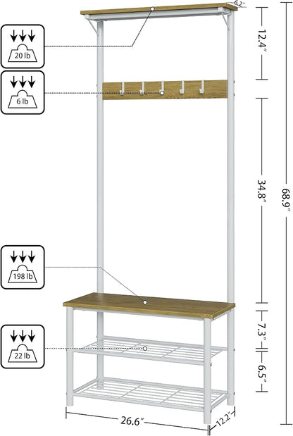 Hall Tree with Bench and Shoe Storage, 3-in-1 Coat Rack Shoe Bench, Freestanding Wooden Coat Rack with Metal Frame, 3-Tier Storage Shelf and 5 Removable Hooks, White