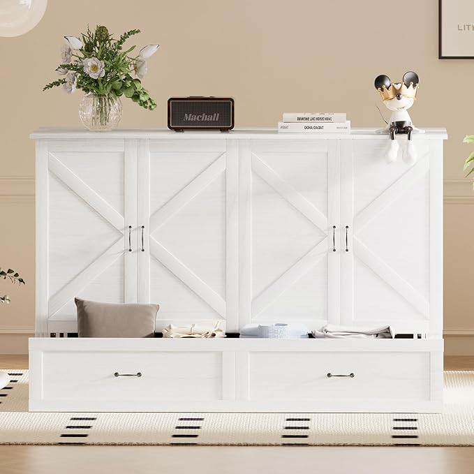 PUREMIND Queen Murphy Bed Cabinet with Mattress Included, Bedroom Cabinet Beds with USB Charging Station, Murphy Chest Bed with Storage Drawers, Horizontal Wallbed for Guest Room White