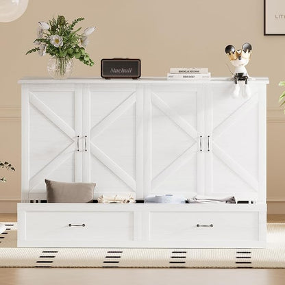 PUREMIND Queen Murphy Bed Cabinet with Mattress Included, Bedroom Cabinet Beds with USB Charging Station, Murphy Chest Bed with Storage Drawers, Horizontal Wallbed for Guest Room White