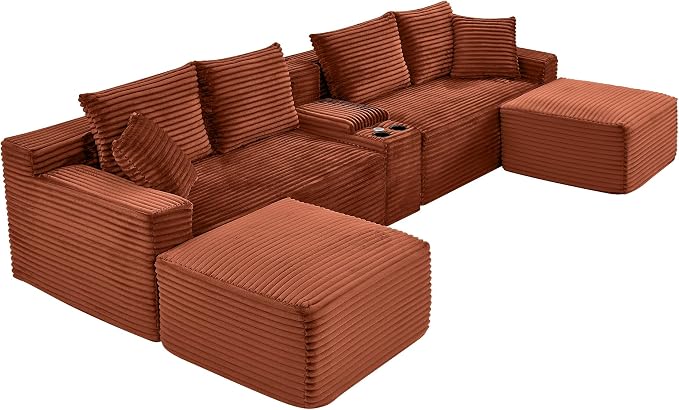 127" U-Shaped Cloud Sectional Couch Oversized Modular Compressed Boneless Sectional Sofa with Ottoman Chaise Lounges & Console, Plush Corduroy Boneless Symmetrical Sofa
