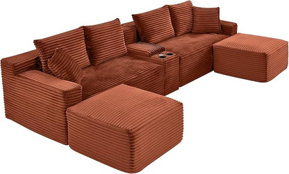 127" U-Shaped Cloud Sectional Couch Oversized Modular Compressed Boneless Sectional Sofa with Ottoman Chaise Lounges & Console, Plush Corduroy Boneless Symmetrical Sofa