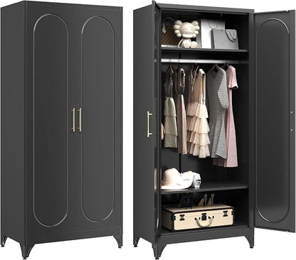 Armoire Wardrobe Closet, 71" Tall Metal Storage Cabinet with Hanging Rod and Adjustable Shelves, Clothes Wardrobe Cabinet, Black Armoires, Steel Closet for Bedroom, Bathroom, Office, School