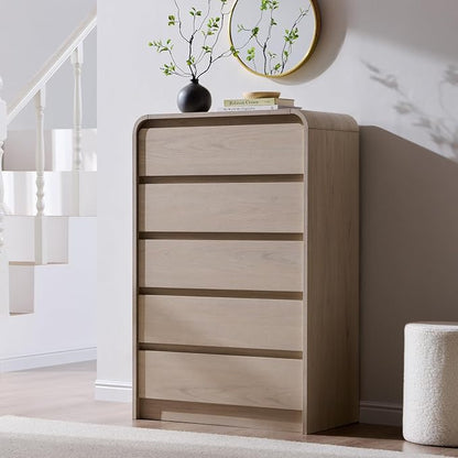 Aitjunz Modern 5 Drawers Dresser for Bedroom, 45" Tall Dressers, Cream | Wood Dressers & Chests of Drawers w/Curved Profile Design, Mid Century Vertical Dresser with Handleless Design for Bedroom