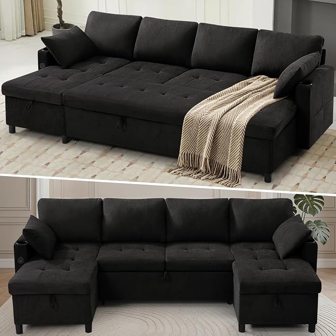 110" Fabric Pull-Out Couch Bed w/Adjustable Backrests, Black | Sectional Sleeper Sofa w/USB Ports & 2 Cup Holders, Upholstered U-Shaped Couch w/Storage Chaise for Living Room, House