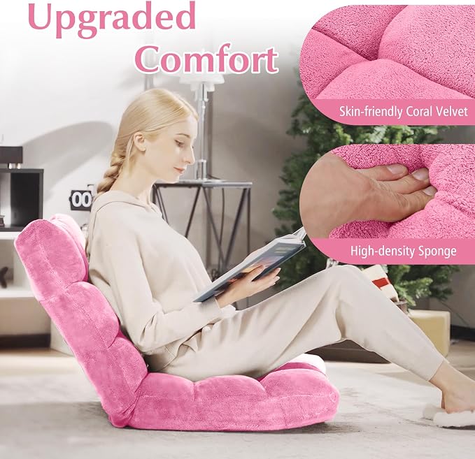 14-Position Floor Sofa, Folding Gaming Sofa Chair, Comfy Cushions & Study Steel Frame, Angle Adjustable Sleeper Bed, Couch Recliner (Pink)