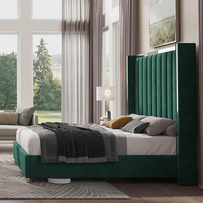 Jocisland Bed Frame with 58" Tall Headboard, Platform Velvet Upholstered Bed with Channel Tufted Wingback Headboard and Plating Trim, No Box Spring Needed, Green, Queen