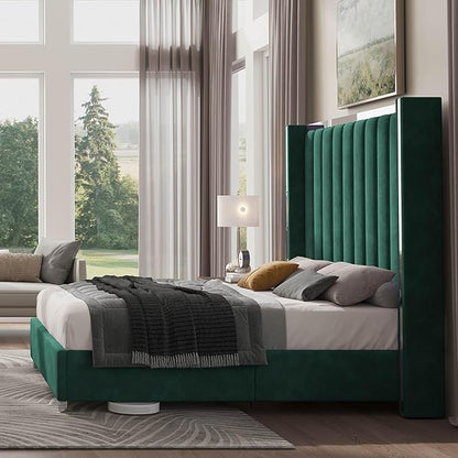 Jocisland Bed Frame with 58" Tall Headboard, Platform Velvet Upholstered Bed with Channel Tufted Wingback Headboard and Plating Trim, No Box Spring Needed, Green, Queen