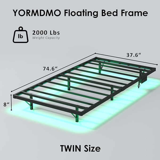 YORMDMO Floating Bed Frame Twin Size, Heavy Duty Bedframe with Smart LED Lights & Charging Station, Modern Metal Platform Bed, Easy Assembly No Box Spring Needed, 8 Inch