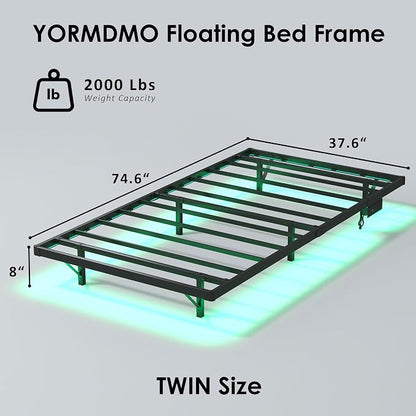 YORMDMO Floating Bed Frame Twin Size, Heavy Duty Bedframe with Smart LED Lights & Charging Station, Modern Metal Platform Bed, Easy Assembly No Box Spring Needed, 8 Inch