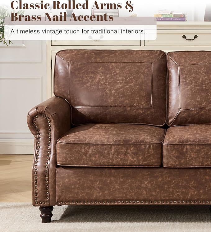 Kingfun 3 Seater Sofa, Mid-Century Modern Faux Leather Couch Set for Living Room, Darkbrown with Rolled Arms & Nailhead Trim, Easy Assembly