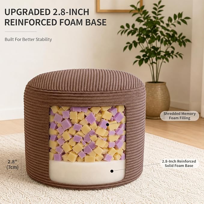 Stuffed Pouf Ottoman Foot Rest with 2.8-inch Solid Foam Base | Odorless Filling Resists Clumping, Washable Corduroy Cover, Round Foot Stool for Living Room Couch Lounging and Home Decor