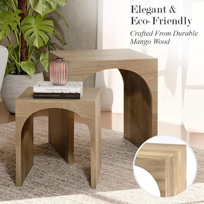 Relso Arch Duo Solid Mango Wood Nesting Tables for Living Room Set of 2 | Stylish Sustainable Design Nesting Side Tables | Unique Arched Cutouts Nesting Stools | Mid Century Nesting Tables