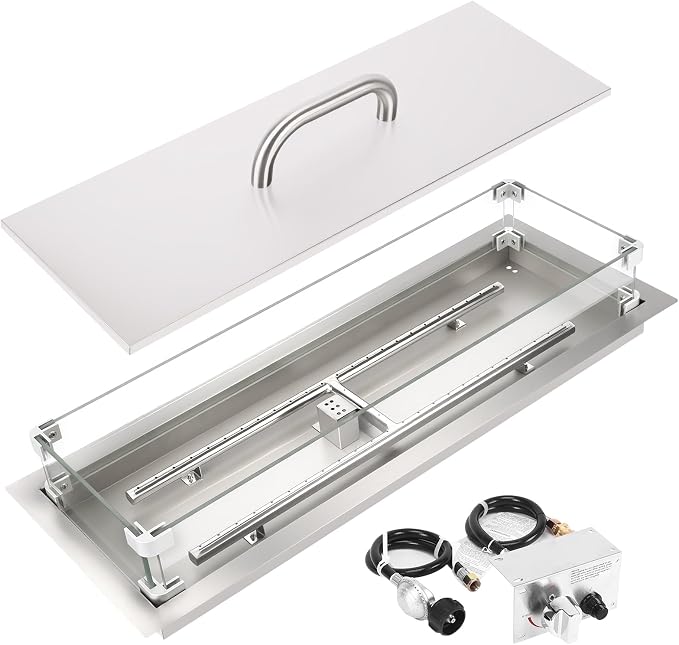GRISUN Upgraded 30" x 10" Drop-in Fire Pit Kit with Glass Wind Guard & Lid, Linear Fire Pit Burner Pan, Stainless Steel Fire Pit Insert with Spark Ignition
