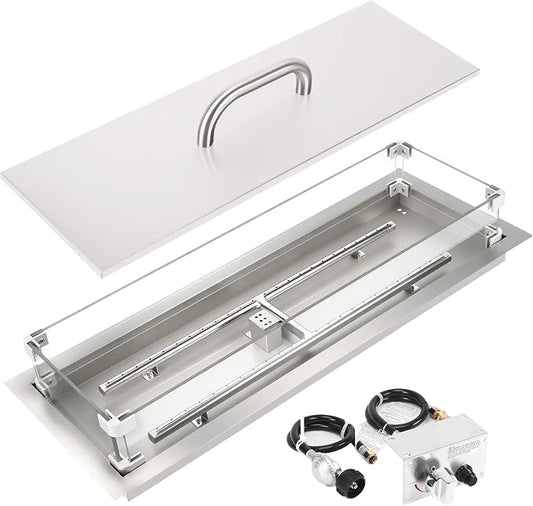 GRISUN Upgraded 30" x 10" Drop-in Fire Pit Kit with Glass Wind Guard & Lid, Linear Fire Pit Burner Pan, Stainless Steel Fire Pit Insert with Spark Ignition