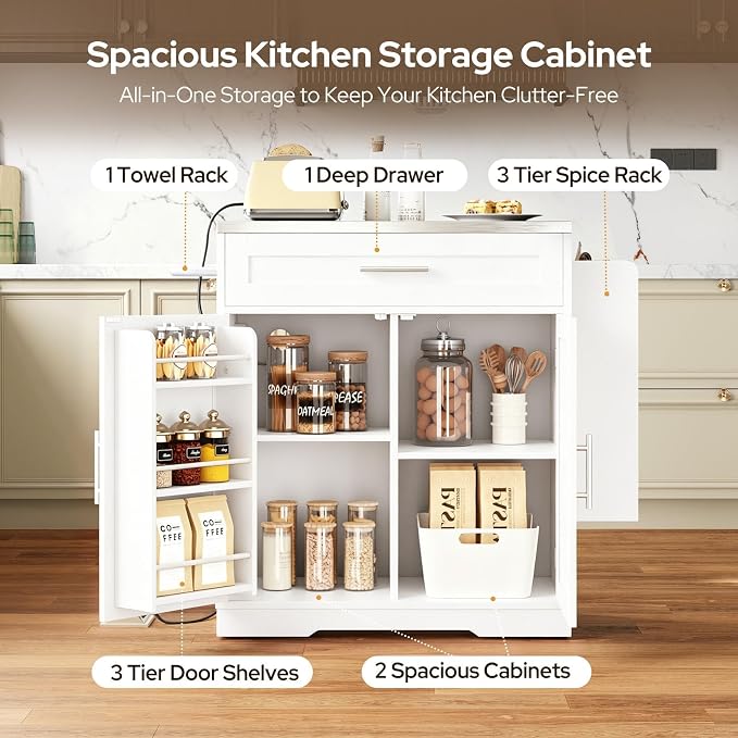 Concho 41'' Kitchen Island with Seating and Stainless Steel Countertop, Rolling Kitchen Carts on Wheels with Folding Drop Leaf, Bar Stool, Power Outlet, Spice/Towel Rack, White