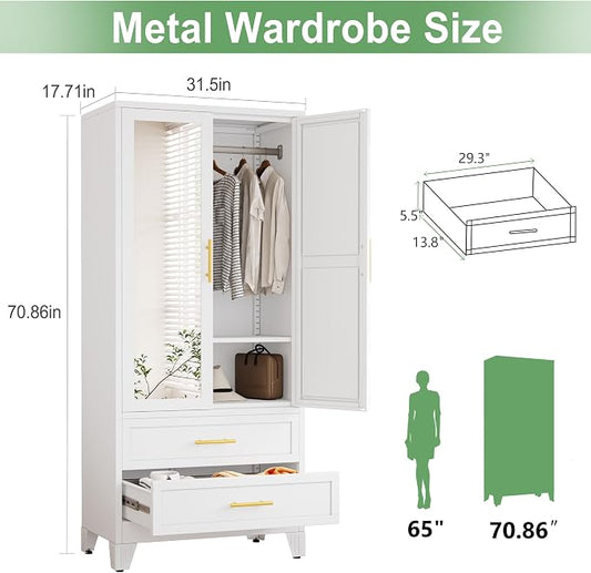 Ckzbx 71" H Metal Armoire Wardrobe Closet with Mirror, Adjustable Shelves, Clothes Drying Pole, Steel Wardrobe Cabinet for Bedroom (2 Drawers White)
