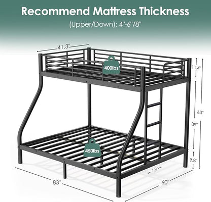 Twin XL Over Queen Bunk Bed Size, Heavy Duty Bunk Beds with Bottom Space & Guardrail Metal Bunk Bed Frame for Adults Dorm Bedroom Guest Room, No Box Spring Needed（Upgrate Black）