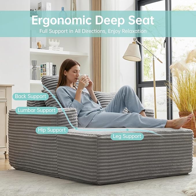 Boneless Chaise Lounge Chair, 54" Oversized Cloud Couch Sofa with Deep Seat, Plush Corduroy Reading Chair for Living Room, Bedroom, Reading Nook, Apartment, Gaming Room & Movie Nights, Gray