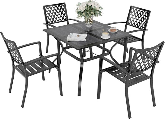 PHI VILLA 5 Pieces Outdoor Dining Set for 4, 37" Black Square Wrought Iron Table with Mesh Top & Stackable Metal Steel Chairs, Outside Furniture Set for Patio, Deck, Backyard, Porch