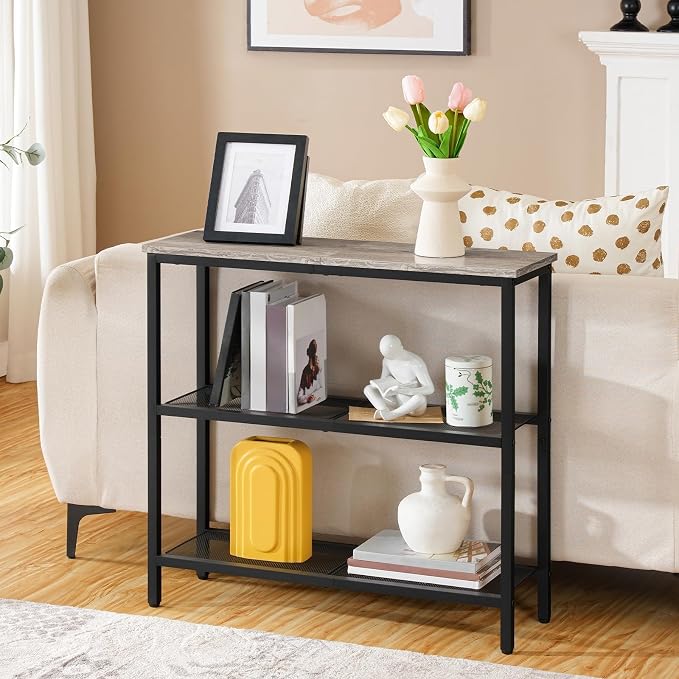 HOOBRO 29.5" Narrow Console Table, 3-Tier Entryway Table, Thin Sofa Table with Shelves, Side Table, Display Table, for Hallway, Entrance, Living Room, Bedroom, Greige and Black BG73XG01