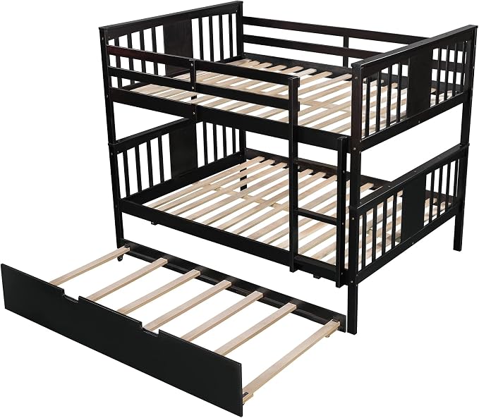 Merax Full Over Full Bunk Bed with Trundle, Convertible to Two Separate Beds, Solid Pine Wood Frame with Safety Guardrail & Headboard/Footboard, Sturdy Durable Design, No Box Spring Needed, Espresso