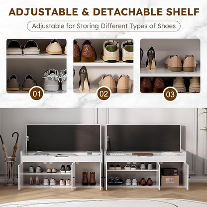 40" Storage Bench - Entryway Shoe Bench with 3 Doors and Top Storage Area, Multifunctional Entryway Bench with Lift Top Cushion, Shoe Storage Bench for Bedroom, Living Room, White
