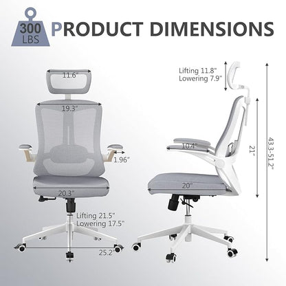 300 LBS Ergonomic Office Computer Mesh Chair - Adjustable Height Rolling Desk Chair with Flip-Up Armrests & High Back Support - Comfortable Swivel Task Chair for Home Office