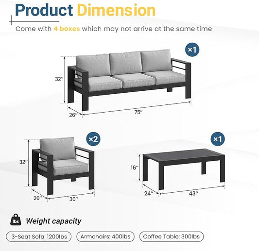 Solaste Aluminum Patio Furniture Set for All Weather, Oversized Metal Outdoor Furniture Set with 27.5" Deep Seating and 3.2" Wide Armrest, Patio Conversation Set with 5" Cushion, Black and Grey