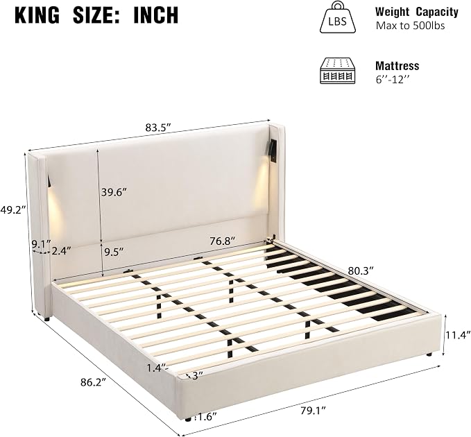 Christopher Knight Home Hazel 49.20" H King Headboard Bed, Upholstered King Size Bed, Slats Panel Support Platform, No Spring Box Needed, Wingback Headboard with Reading Lamps and USB, Beige