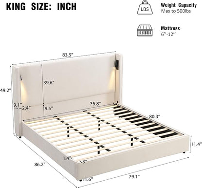 Christopher Knight Home Hazel 49.20" H King Headboard Bed, Upholstered King Size Bed, Slats Panel Support Platform, No Spring Box Needed, Wingback Headboard with Reading Lamps and USB, Beige