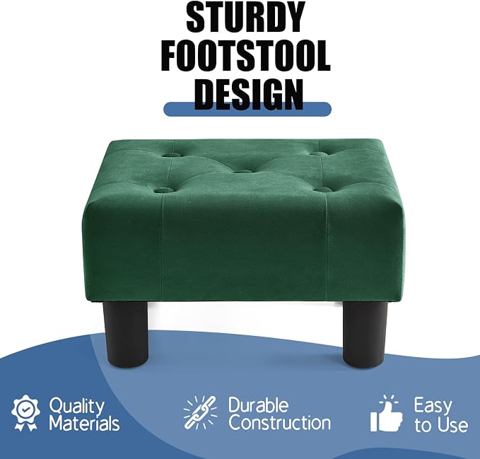 BRIAN & DANY Small Foot Stool, Velvet Foot Stools with Legs, Stable Small Footstool for Living Room, Green