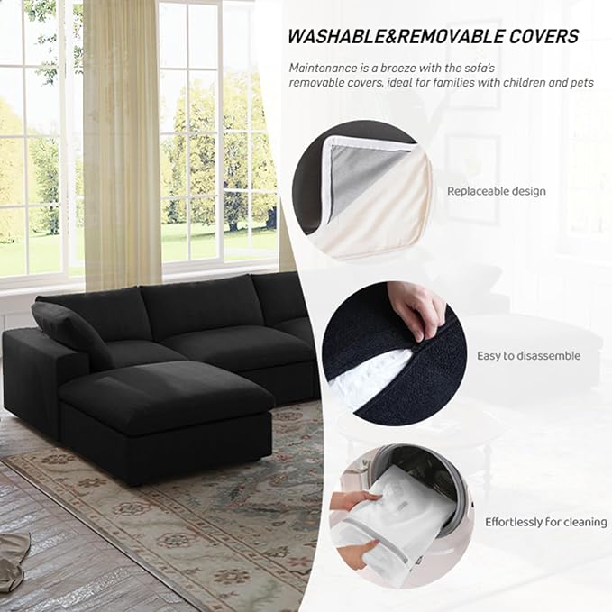 Cloud Modular Sectional Sofa Couch,120.45" U Shaped Convertible Couches with Storage Ottoman for Living Room,Minimalist Deep Sofa Couches,Sofa Covers Washable&Replaceable(Black)