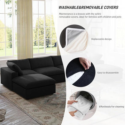 Cloud Modular Sectional Sofa Couch,120.45" U Shaped Convertible Couches with Storage Ottoman for Living Room,Minimalist Deep Sofa Couches,Sofa Covers Washable&Replaceable(Black)