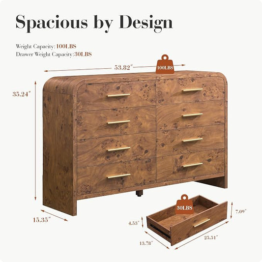 Curved 8-Drawer Dresser for Bedroom, 53.82" Wide Modern Chest of Drawers, Vanity Desk TV Stand for Living Room, Closet Storage Drawers Organizer Furniture, Nursery, Hallway, Dark Burl