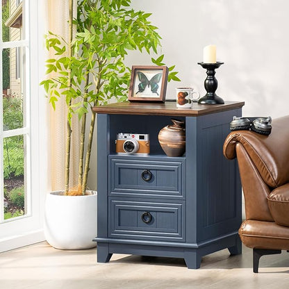 Joaxswe 18" Farmhouse Night Stand with Charging Station, 2 Drawers End Table Dresser for Bedroom, Blue Wooden Nightstand, Bed Side Table with Open Shelf, Bedside Cabinet for Living Room, Closet