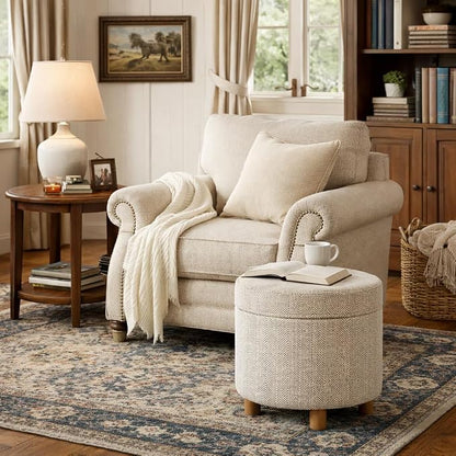 HomePop 19" Round Storage Ottoman - Cream Chevron Woven