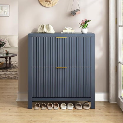 YOMILUVE Shoe Cabinet Storage for Entryway, Fluted Shoe Cabinet with 2 Flip Drawers, Hidden Shoe Rack Tall Freestanding Shoe Organizer with Legs for Hallway, Blue