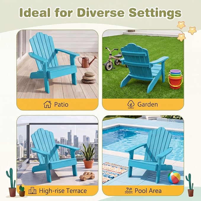 Giantex Kids Adirondack Chair, All-Weather HIPS Children's Outdoor Chair with Tilted High Backrest, Toddler Beach Chair for Garden Patio Backyard, Kids Lawn Chairs for Age 3-7 (1,Turquoise)