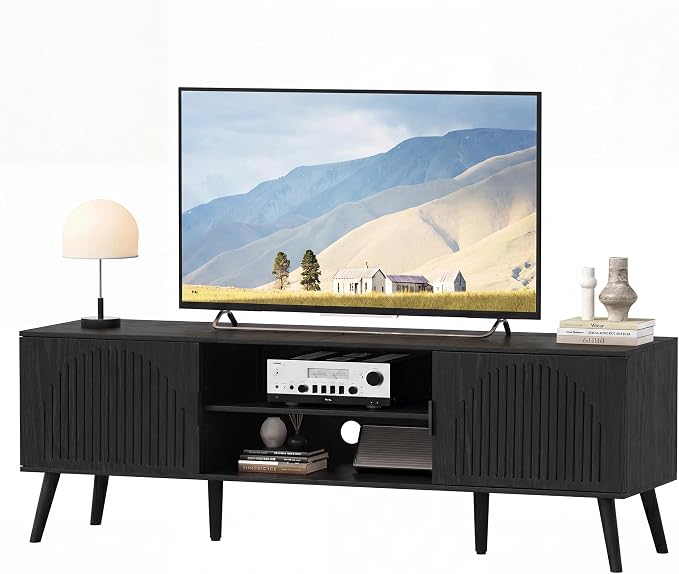 ChooChoo TV Stand for Living Room, Mid Century Modern TV Stand for 65 Inch TVs, Entertainment Center with Storage Cabinet and Open Shelves, TV Console Table Media Cabinet for Bedroom, Black