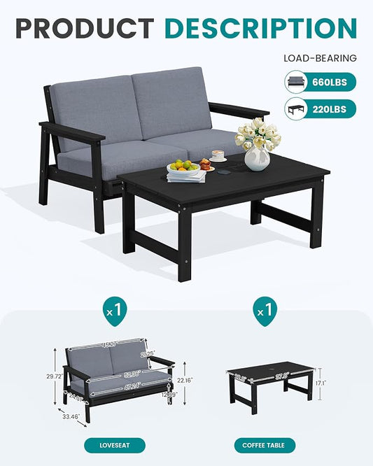 SERWALL Outdoor Loveseat, Black Frame and Grey Cushion