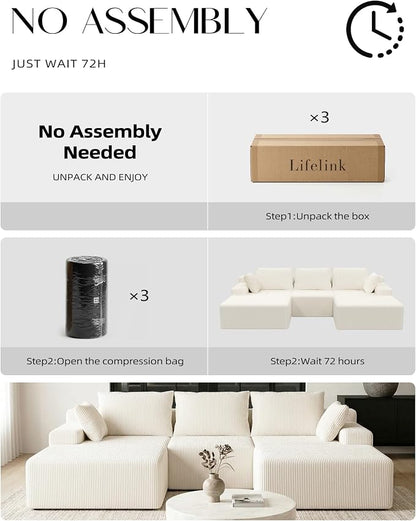 Lifelink 108" Boneless Couch U-Shaped - Modular Sectional Couches for Living Room Cloud Sofa with Deep Seat High Back Removable Ottoman No Assembly Required