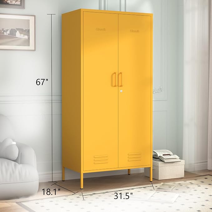 Industrial 67" Yellow Lockable Metal 2-Door Storage Cabinet, Multi-Purpose Wardrobe with Hanging Rod & Adjustable Shelves, Heavy Duty for Bedroom, Garage, Home Office 67"H X 31.5"W X 18.1"D