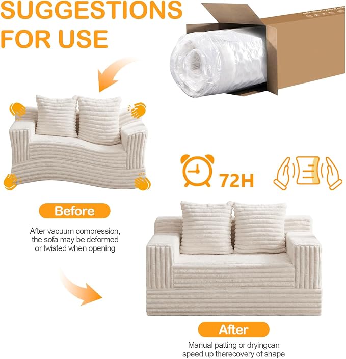Erament Boneless Loveseat Convertible Sofa Bed, Folding Floor Futon Sleeper Sofa Couch Bed- Boneless Foldable Couch, Furry Pull Out Sofa Bed with 2 Pillows for Living Room & Bedroom
