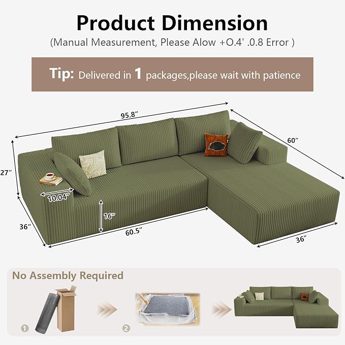 95" Cloud Sectional Couch with L-Shape Chaise, Modular Comfy Sofa Chaise Longue, Upholstered Corduroy Couches Sleeper with Deep Seat for Living Room Bedroom, No Assembly Required(Green, Right Facing)