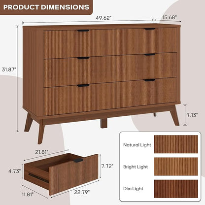 SUNWAVE 6 Drawer Dresser for Bedroom, 49.6" Wide Modern Fluted Dresser with Round Corner, Wood Chest of Drawers for Living Room (Walnut)