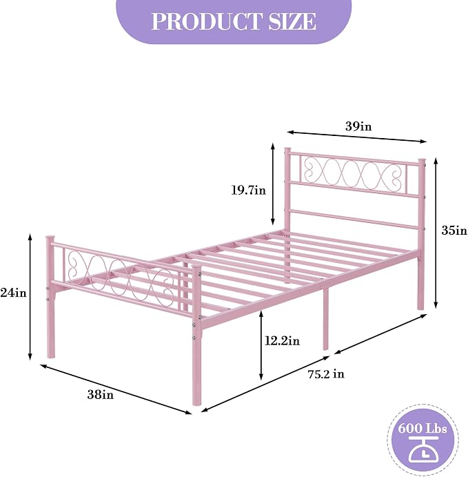 GarveeHome Twin-XL Size Bed Frame, Metal Platform Bed Frame with Headboard and Footboard, 12.2 in Bed Frame with Strong Metal Slats Support, Under Bed Storage, No Box Spring Needed, Pink