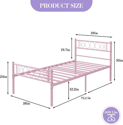 GarveeHome Twin-XL Size Bed Frame, Metal Platform Bed Frame with Headboard and Footboard, 12.2 in Bed Frame with Strong Metal Slats Support, Under Bed Storage, No Box Spring Needed, Pink